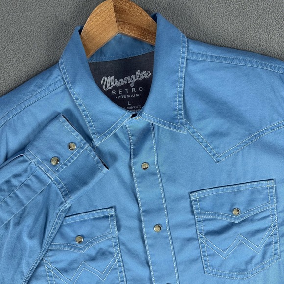 Wrangler Other - Wrangler Pearl Snap Shirt Mens Large Blue Retro Western Cowboy Cotton Dyed